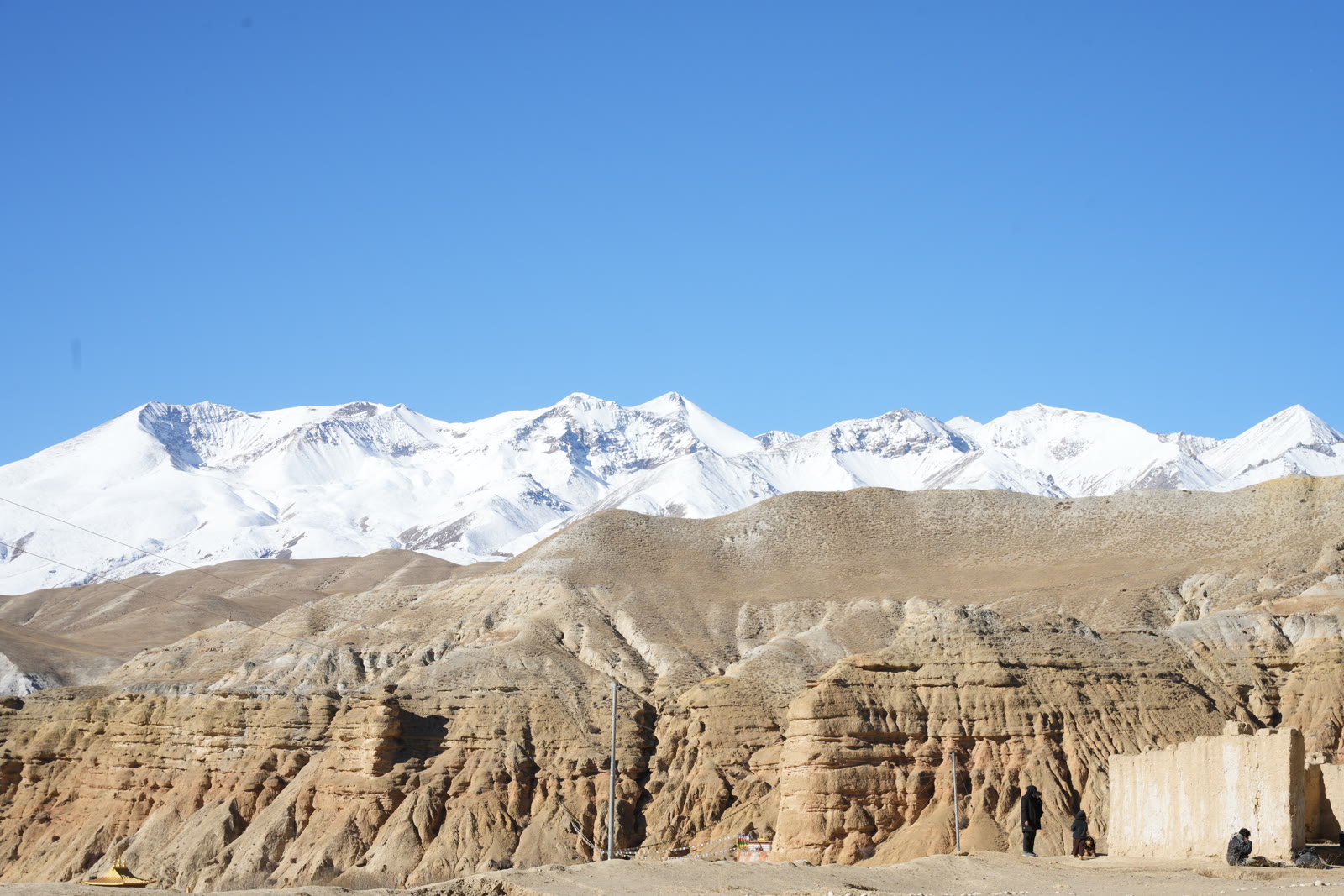 Himalayan Gold: snow peaks above the Mustang cliffs